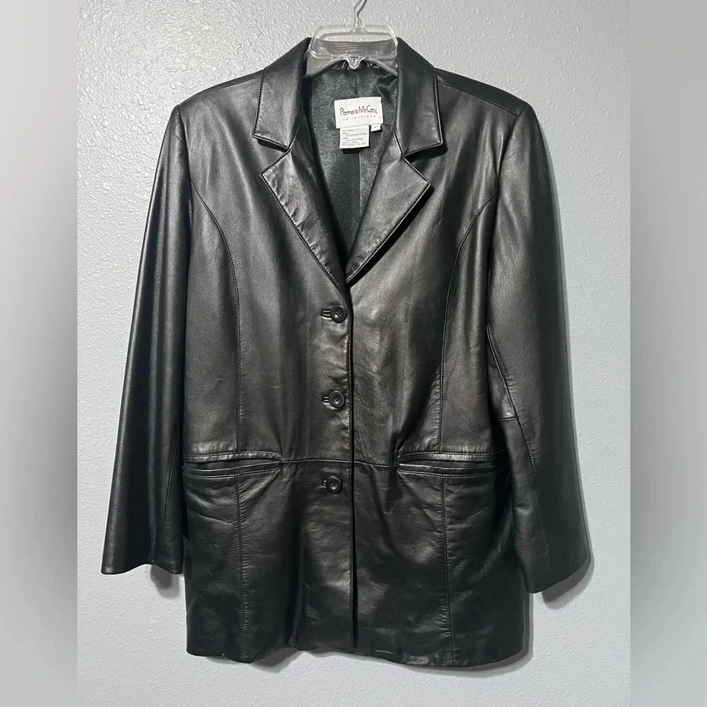 Pamela McCoy Collection Women’s Black 100% Leather Jacket Blazer Super Soft EUC.